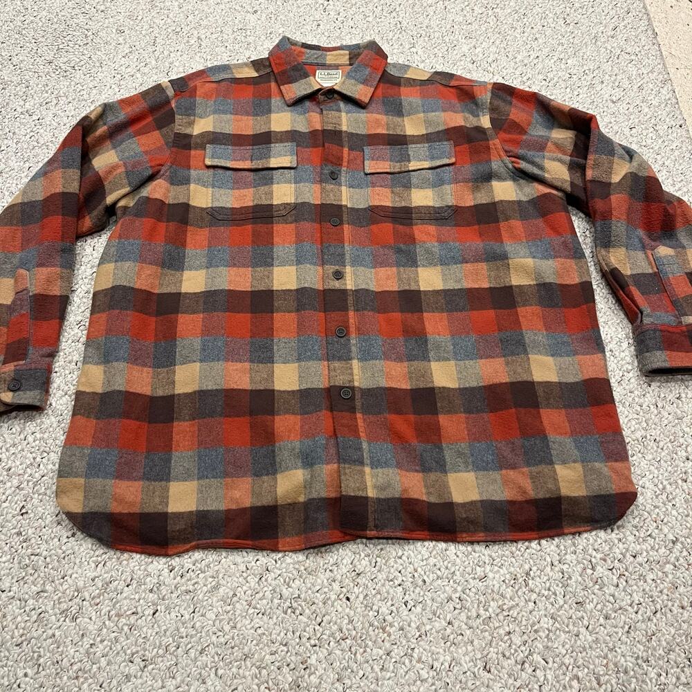 LL Bean Traditional Fit Plaid Flannel Long Sleeve Shirt Sz XXL Tan Red Outdoor
